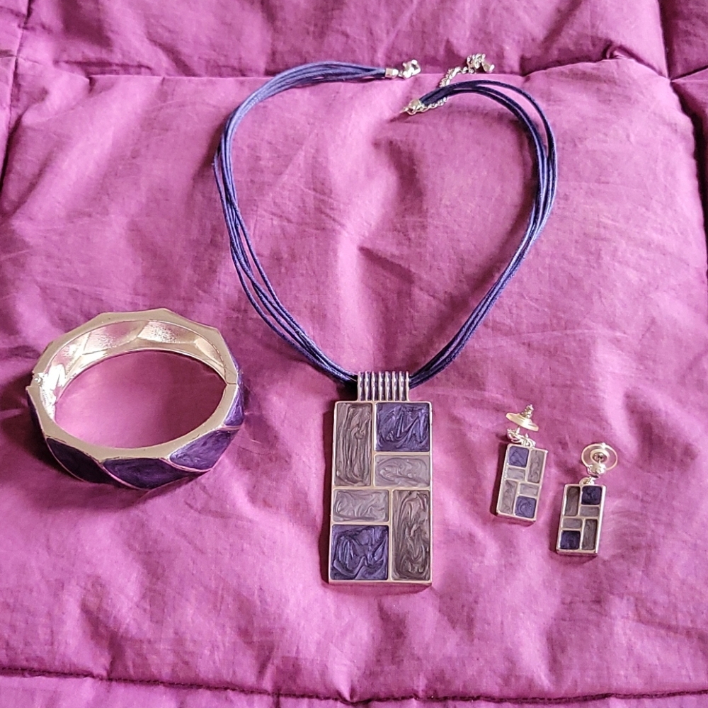 Purple Shimmer Enamel & Silver Geometric Design Earrings Necklace & Bracelet Set
